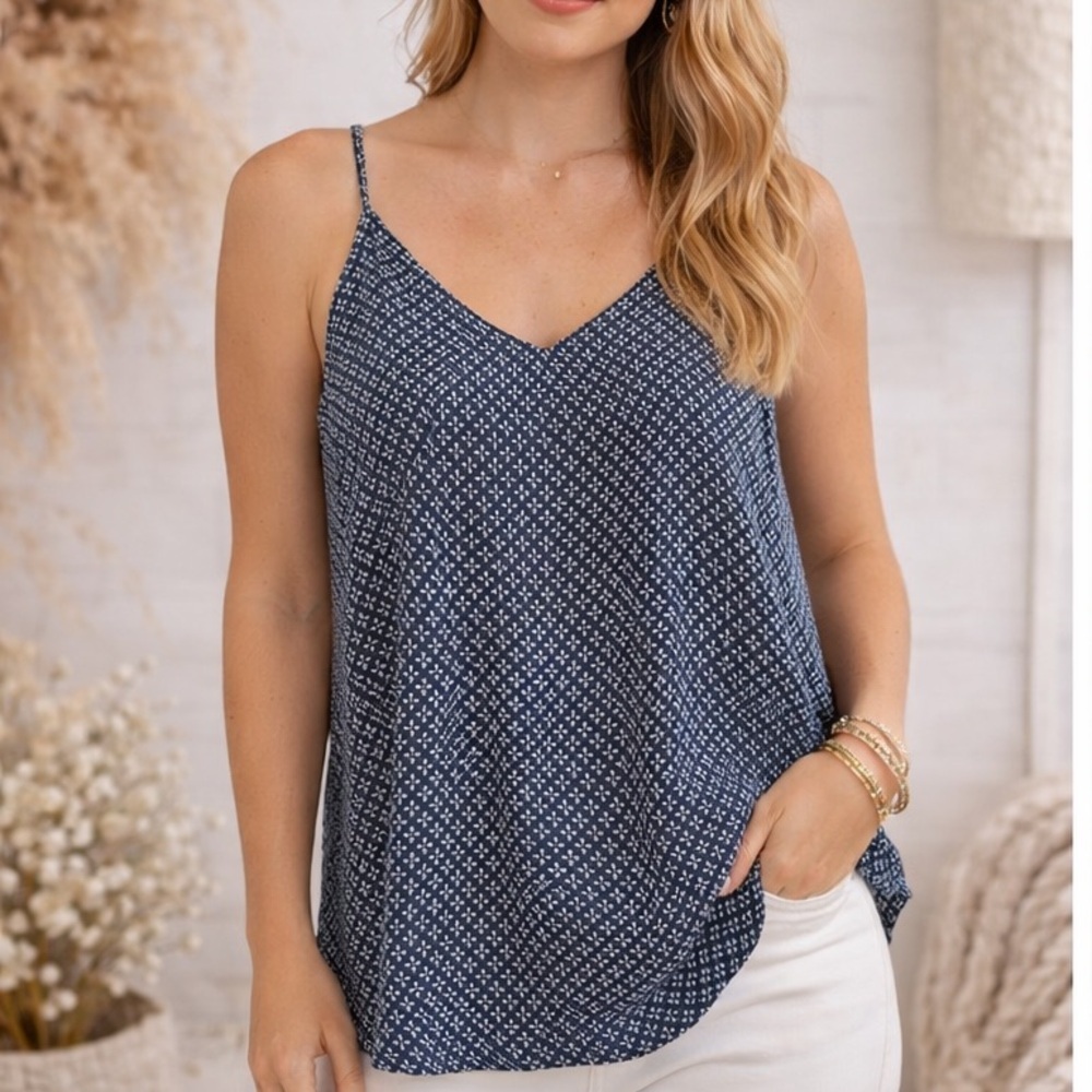 Loft Racerback Tank Blouse Sz Large Navy Blue/White Print Spaghetti Strap